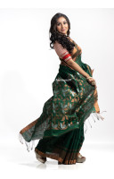 Bottle Green Handspun Matka Silk Saree With Copper Zari Weaving Border And On The Pallu Section Has Copper And Silver Zari Weaving Work (KR2212)